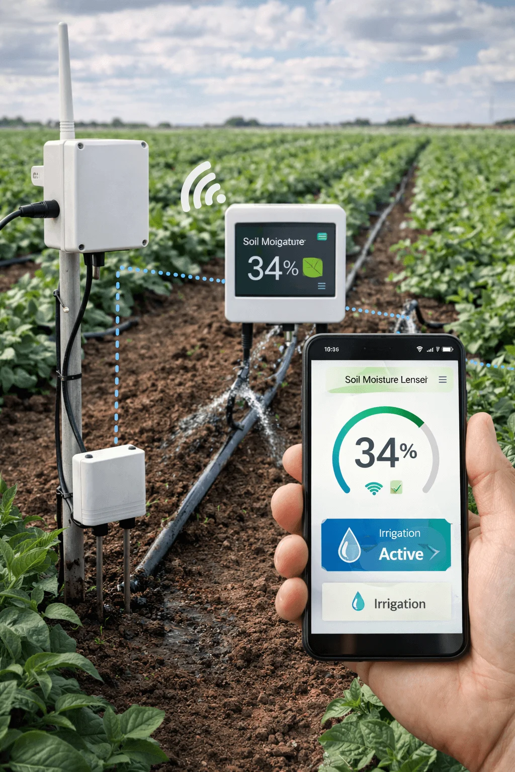 A smart irrigation system set up in a crop field, featuring soil moisture sensors connected to a wireless monitoring unit. A nearby display shows the soil moisture level at 34%, while a smartphone app in a person’s hand also displays the same reading and indicates that irrigation is active. Water is flowing through drip irrigation lines between rows of plants, demonstrating automated, sensor-based watering designed to optimize water use in agriculture.