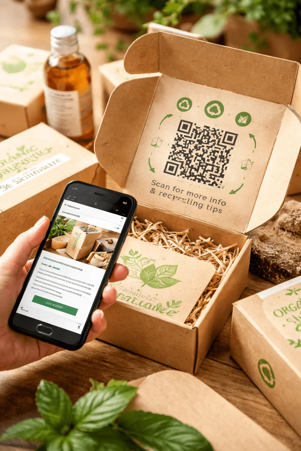 Eco friendly packaging box with a QR code inside the lid, allowing users to scan for recycling information and product details using a smartphone