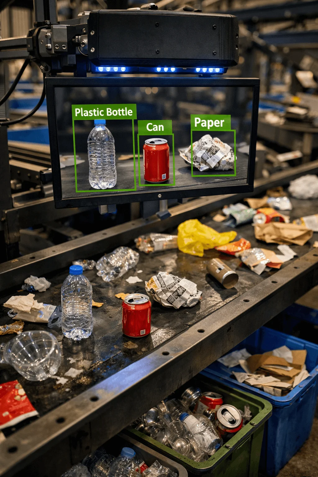 Automated waste sorting system using image recognition camera above a conveyor belt identifying plastic bottle can and paper while mixed recyclable materials move toward separate collection bins in a recycling facility