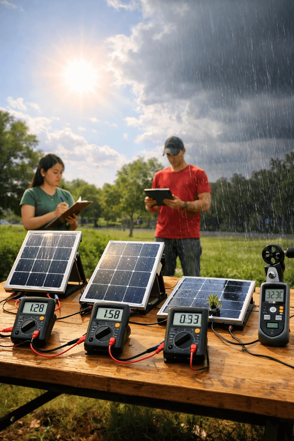 Students testing solar panel efficiency outdoors with multimeters measuring voltage on different panels while recording results in notebooks under varying weather conditions including sunlight and rain