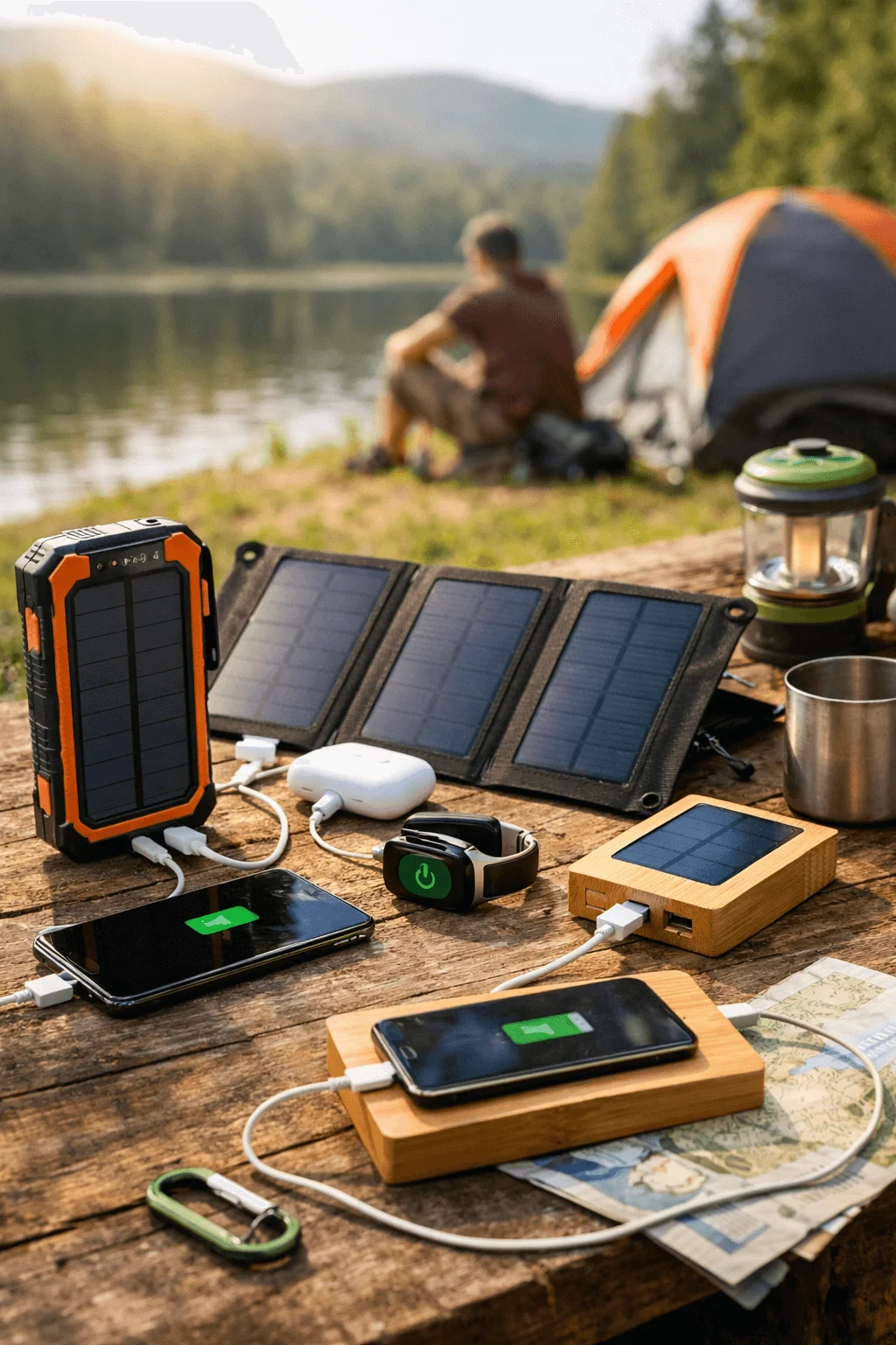 Solar power banks and eco chargers charging smartphones and devices on a wooden table at a lakeside campsite with a tent lantern and mountains in the background