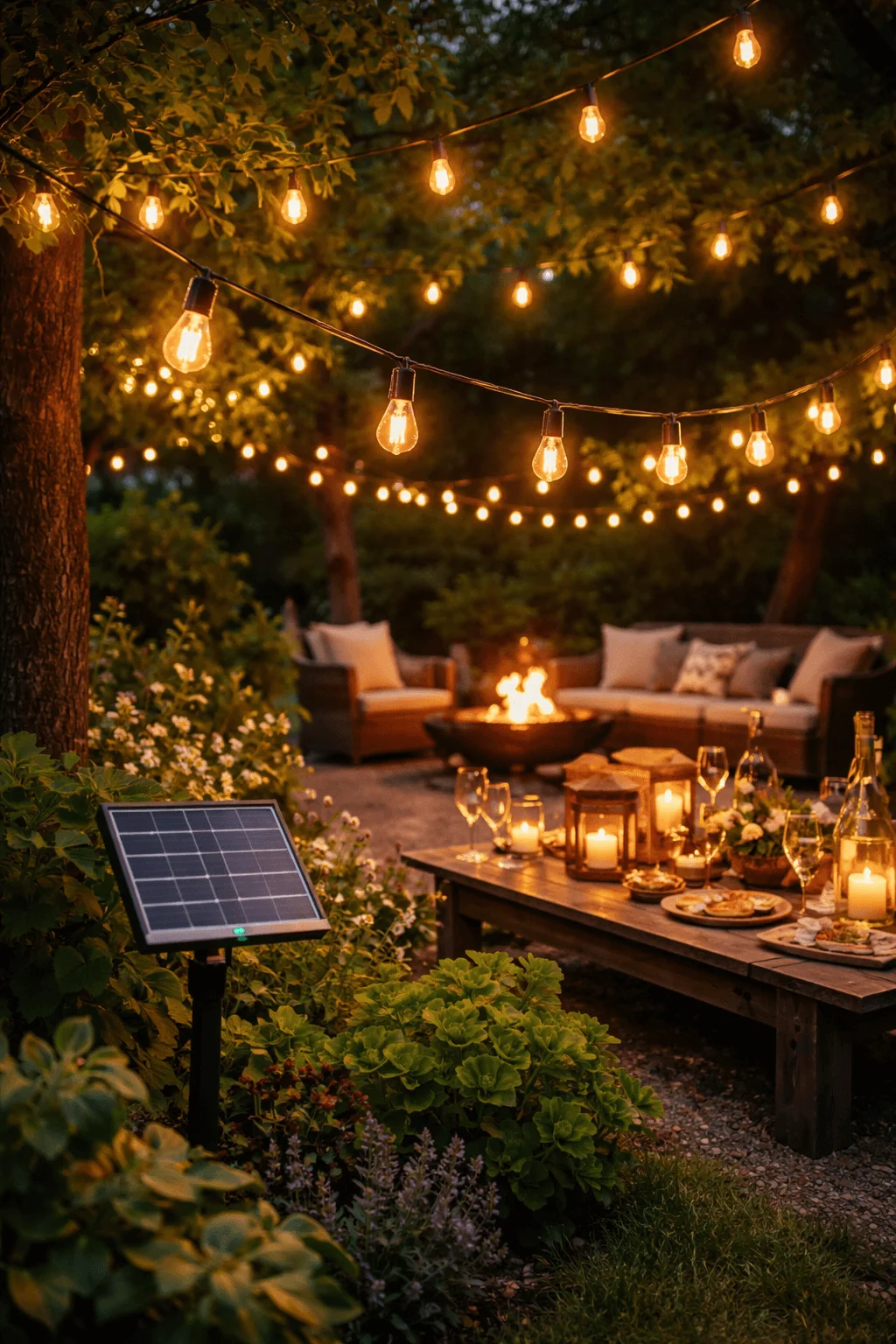 Outdoor garden evening setting with warm string lights powered by a small solar panel glowing above a wooden dining table with candles wine glasses and a cozy seating area around a fire pit surrounded by greenery
