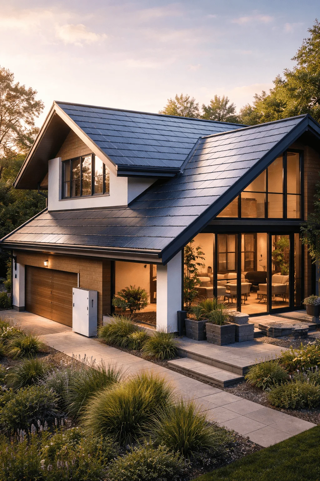 Modern home with integrated solar roof panels, energy-efficient design, and large glass windows.