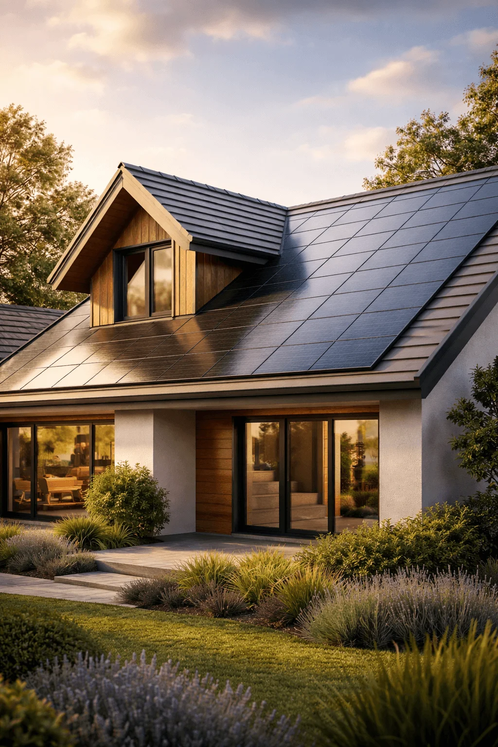 Modern eco friendly house exterior featuring a roof covered with integrated solar tiles that generate renewable energy, large windows for natural lighting, and a landscaped garden with low maintenance plants surrounding the home.