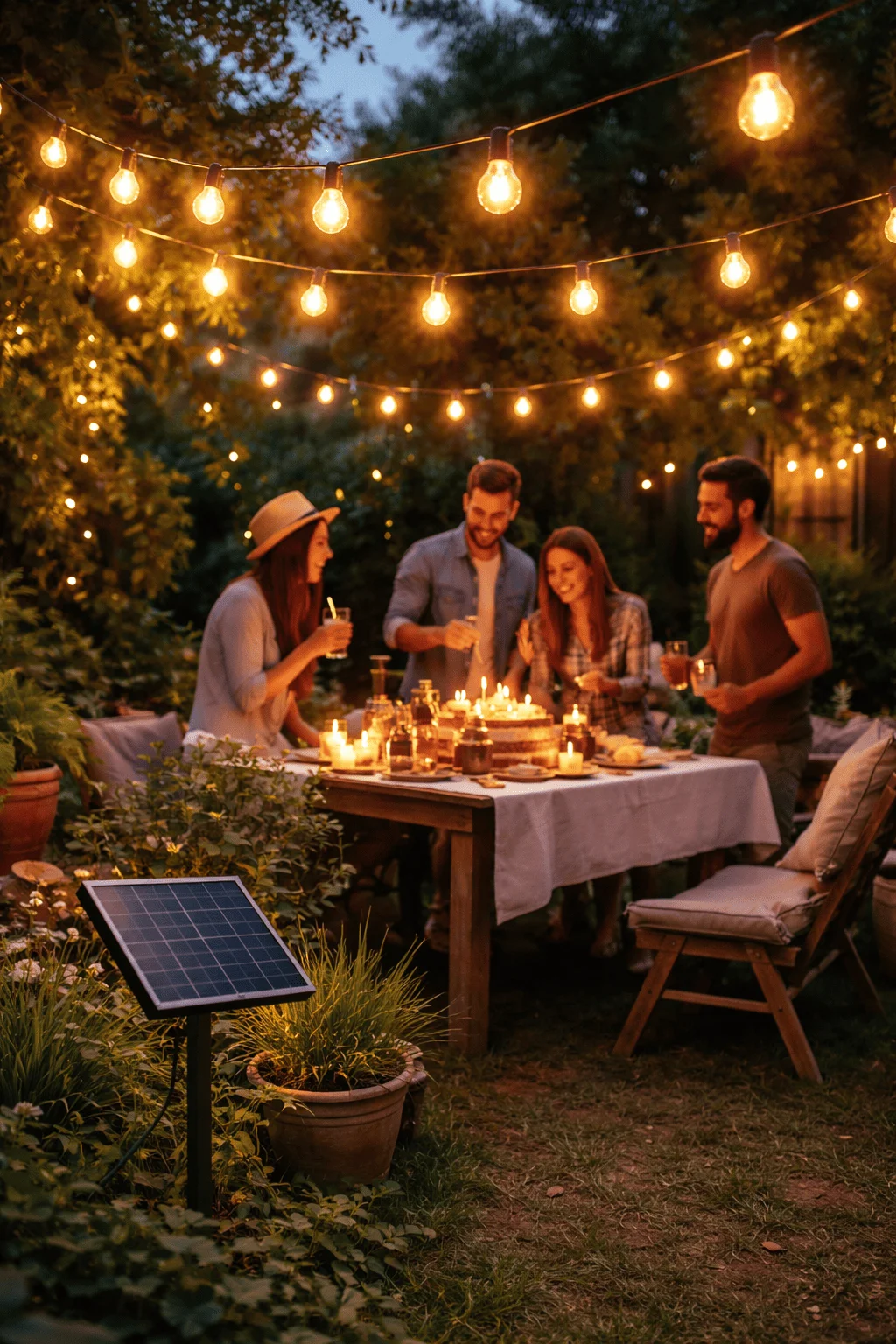 Friends celebrating an outdoor birthday dinner under warm solar powered string lights with candles on the table and a small solar panel in the garden creating an eco friendly evening atmosphere