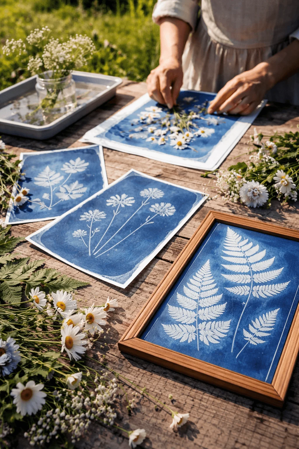Botanical sun print art with white leaf and flower silhouettes on blue paper, created outdoors using fresh plants arranged by hand on a rustic table.