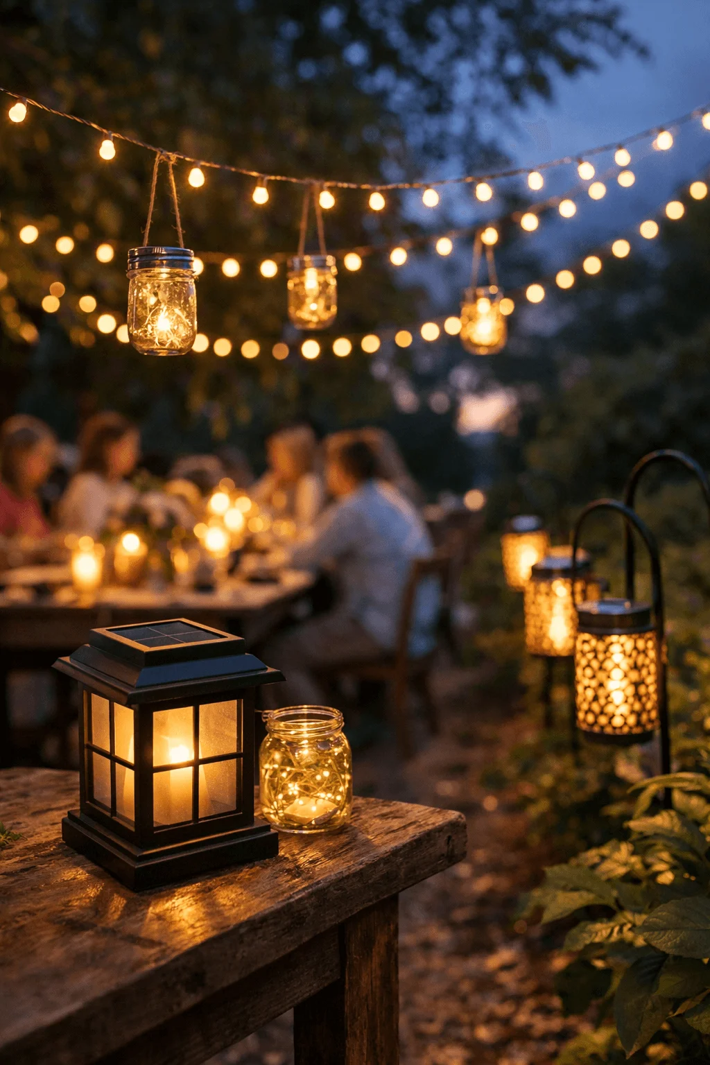 Outdoor evening gathering illuminated by warm solar and LED lighting including a solar powered lantern on a wooden table glass jar fairy lights hanging from string lights overhead and decorative lanterns lining a garden path while guests dine together in the softly lit background