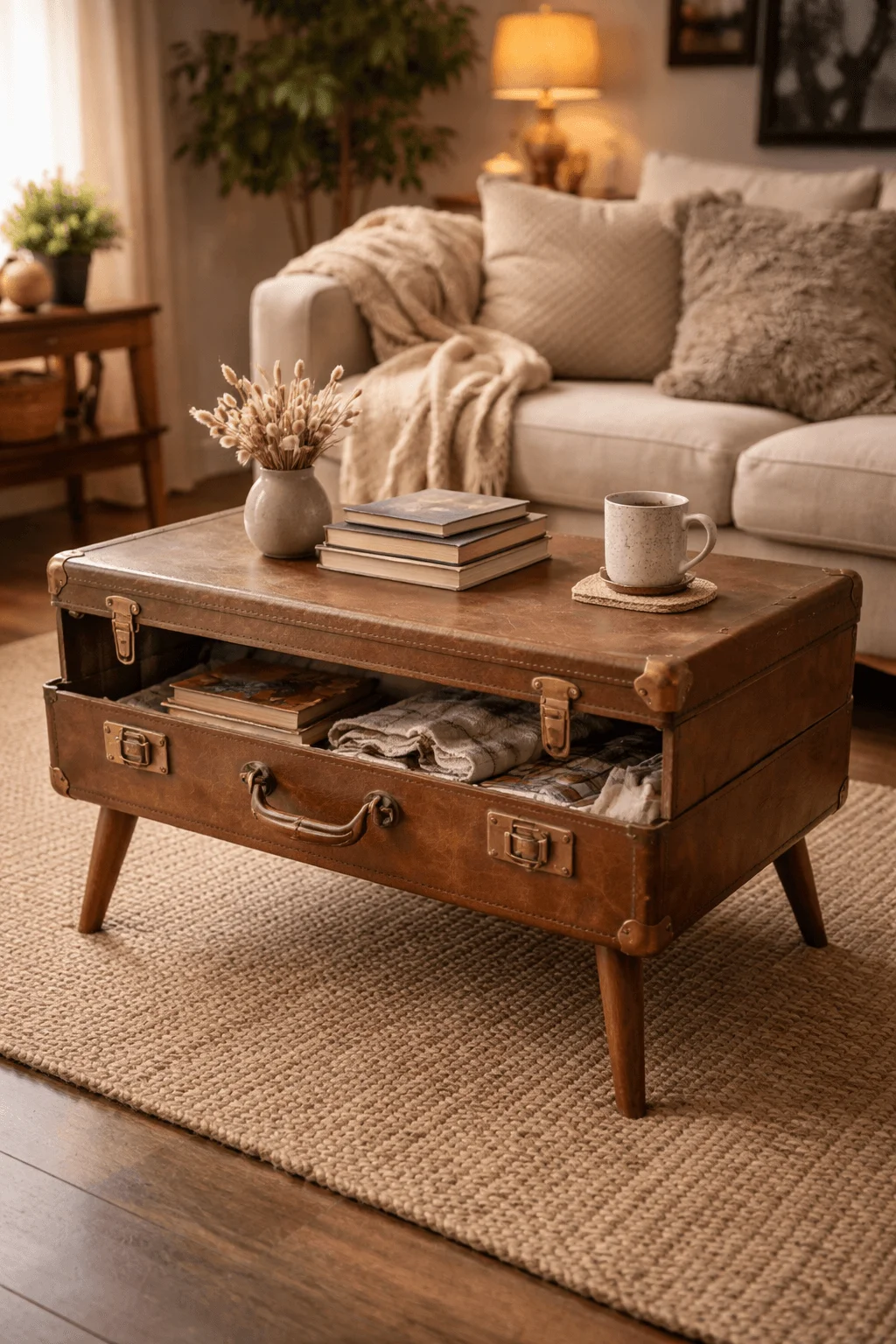 Upcycled vintage suitcase coffee table with wooden legs and storage, styled in a cozy living room with books, a mug, and neutral decor.