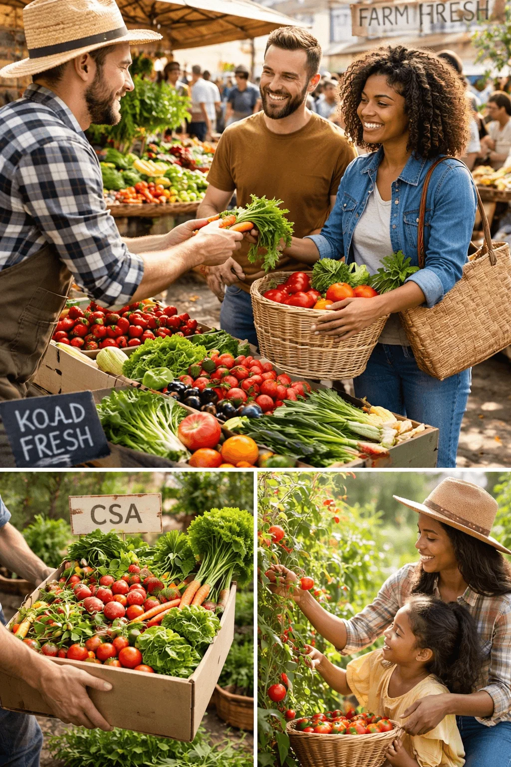 Collage showing people buying fresh produce at a farmers market, receiving a CSA vegetable box, and harvesting tomatoes from a garden.