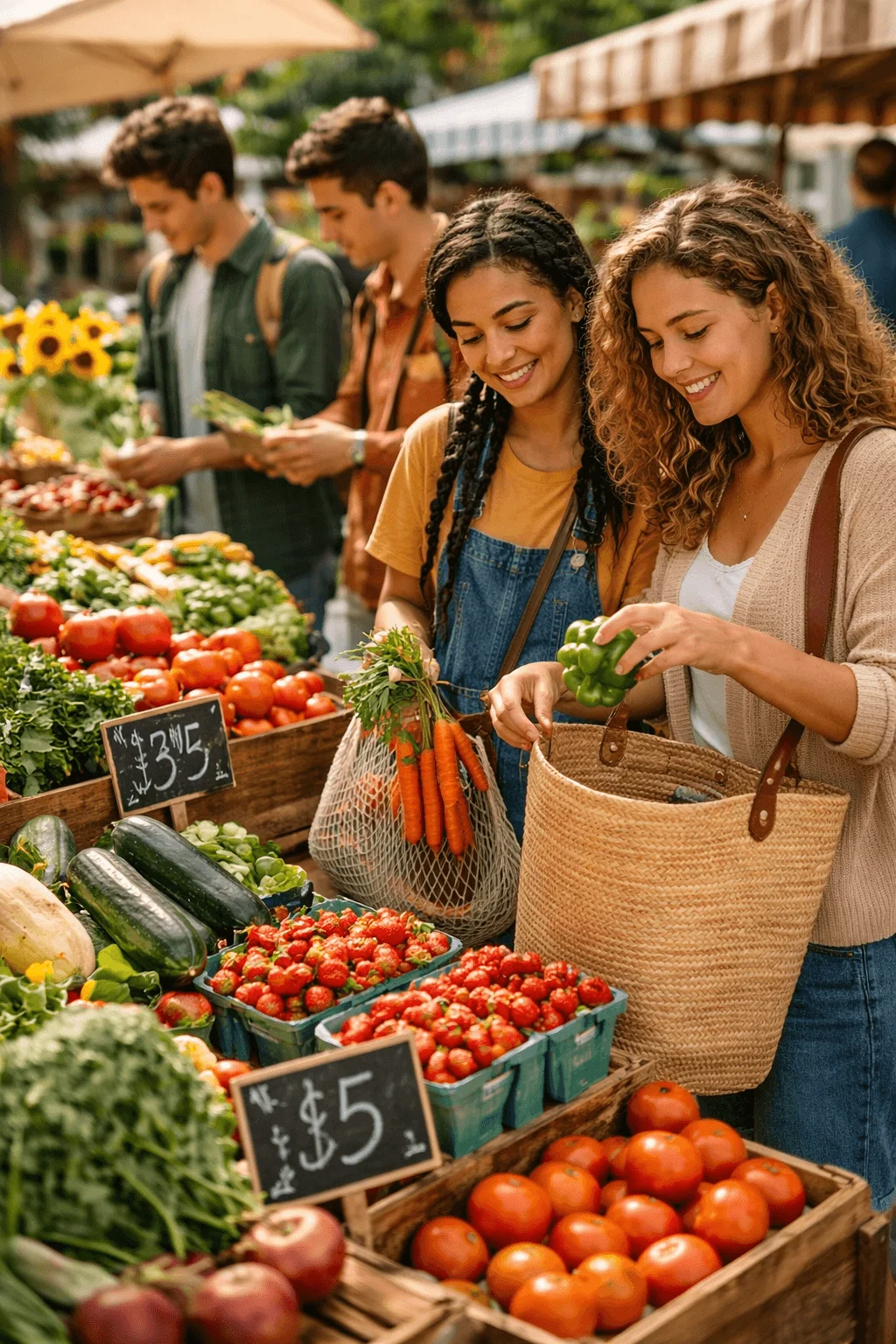 Students shopping for fresh fruits and vegetables at a local farmers market while using reusable bags to choose seasonal produce from market stalls.