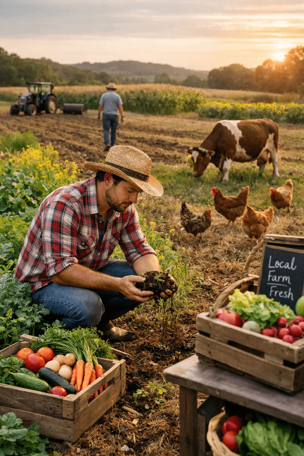 Farmer inspecting soil in a regenerative farm field with chickens, a grazing cow, and crates of fresh vegetables labeled “Local Farm Fresh.”