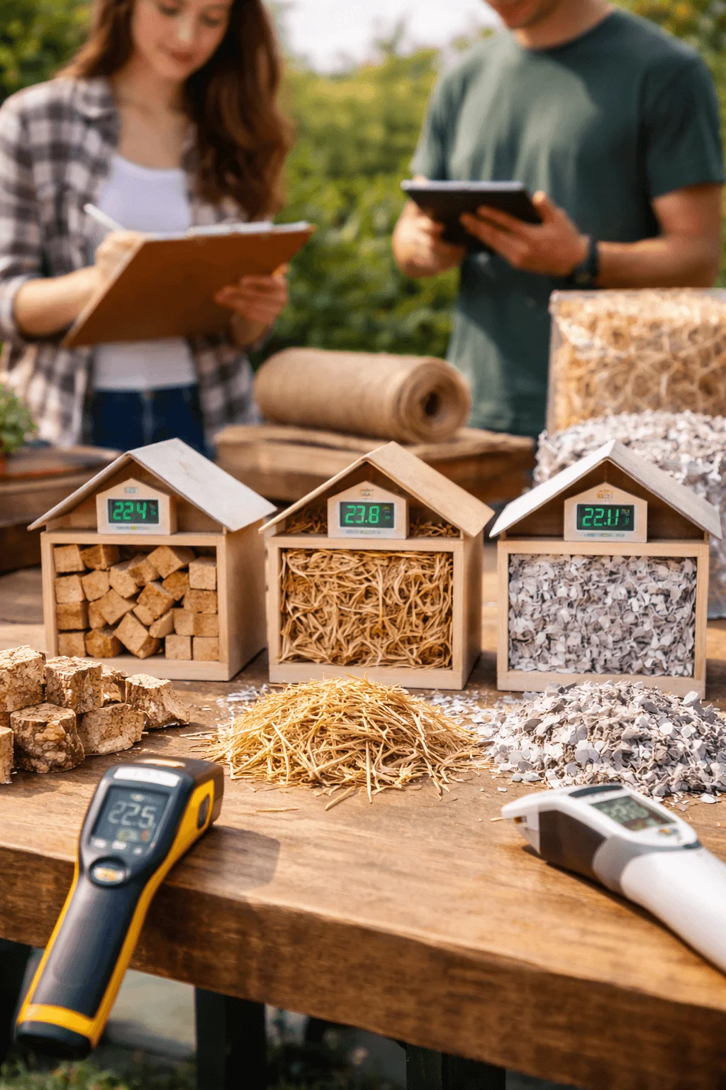 Two people are conducting a sustainable building materials experiment outdoors. On the table are three small model houses filled with different eco-friendly insulation materials such as compressed wood blocks, straw fibers, and shredded recycled material. Each model house has a digital thermometer displaying internal temperatures (around 22–23°C). In front of the models are piles of the tested materials and measuring tools, including infrared thermometers. One person records results on a clipboard while the other checks data on a tablet, comparing how well each material insulates heat.