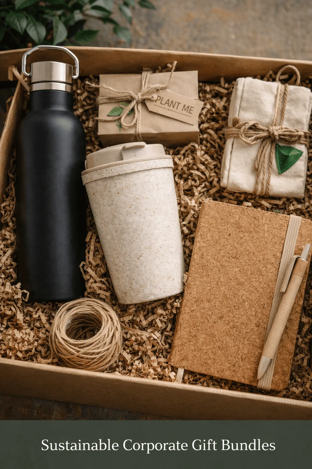 Sustainable corporate gift bundle arranged in a recyclable box with eco friendly items including a reusable water bottle bamboo fiber travel mug cork notebook plantable seed paper package reusable cloth napkins and a wooden pen surrounded by shredded kraft paper packaging highlighting environmentally responsible business gifts