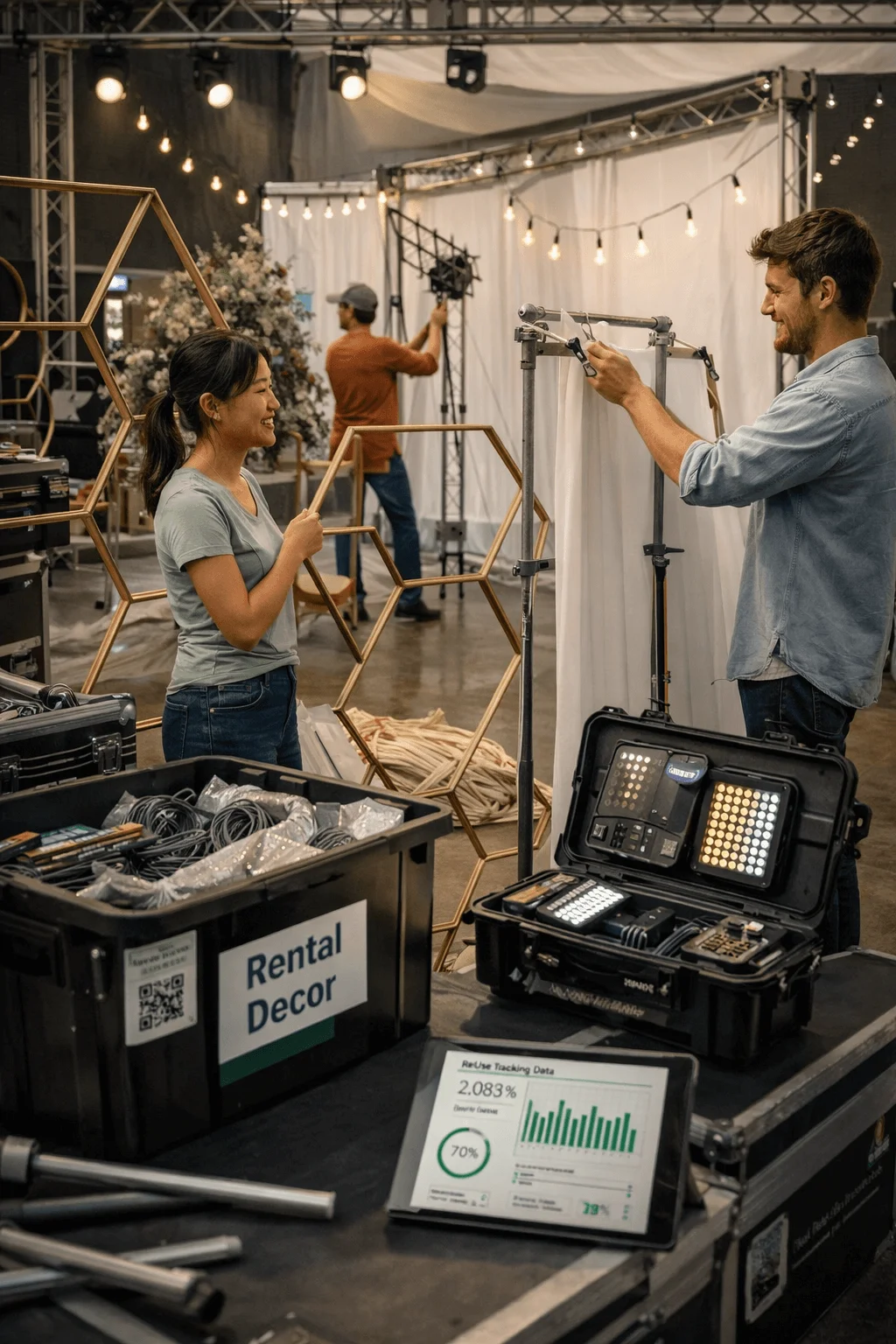 Event team setting up a sustainable decor rental system with reusable geometric frames lighting equipment and organized rental bins while tracking reuse data on a tablet in a behind the scenes venue space