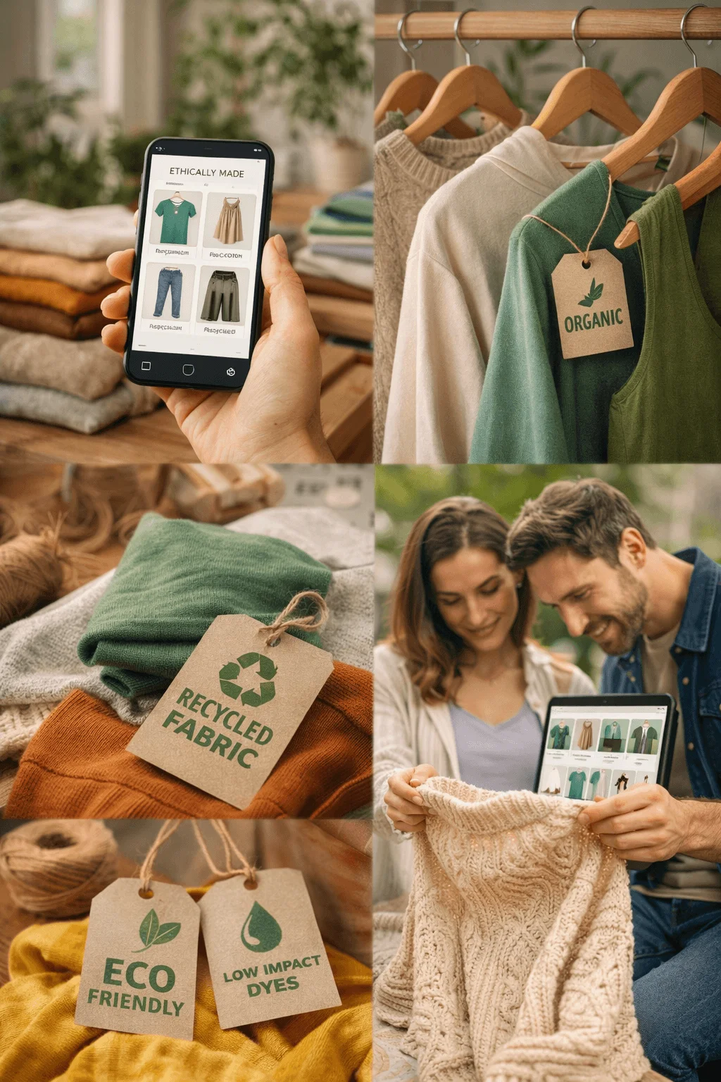 Collage showing sustainable fashion shopping with ethically made clothing, organic fabrics, recycled materials, and eco-friendly garments being browsed on a mobile marketplace and examined by shoppers.