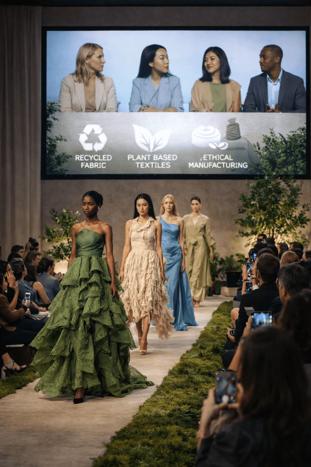 Sustainable fashion runway show featuring models walking in elegant dresses made from recycled and plant based textiles while a panel discussion on ethical manufacturing is displayed on a large screen above the stage and audience members capture the event on their phones