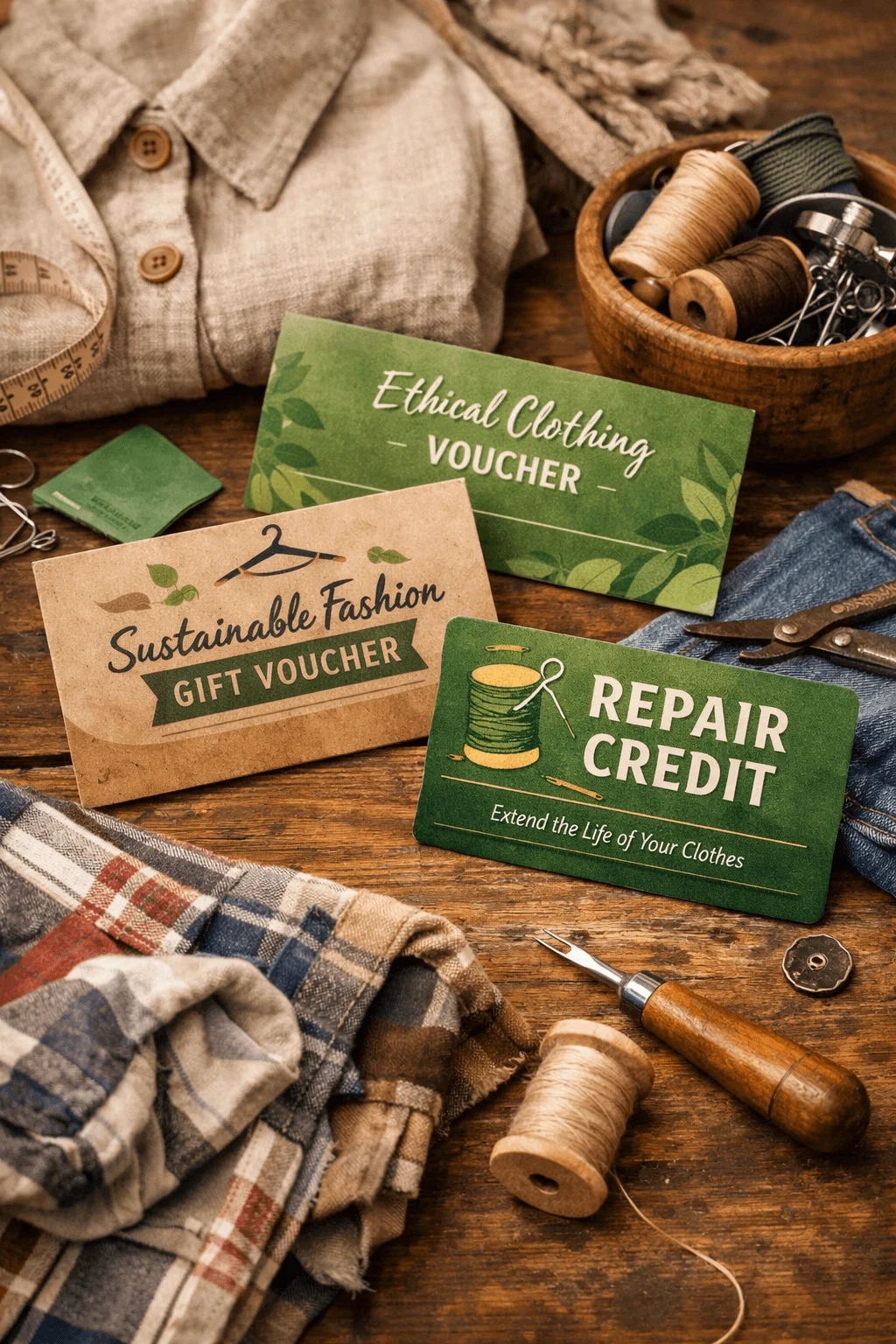 Sustainable fashion gift vouchers and repair credit cards placed on a wooden table with sewing tools thread spools fabric and clothing items showing clothing repair and ethical fashion theme