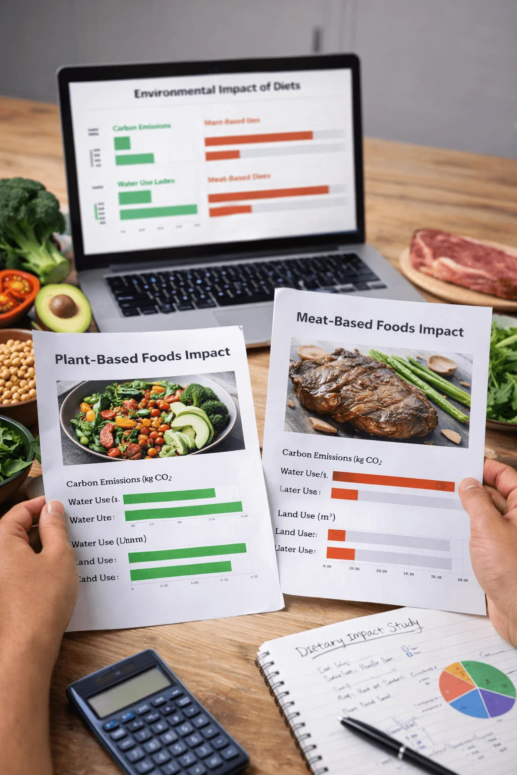 A person holding two printed comparison sheets showing the environmental impact of plant-based foods versus meat-based foods. The sheets include charts comparing carbon emissions, water use, and land use. In the background, a laptop displays a similar “Environmental Impact of Diets” chart, and various foods such as vegetables, avocado, soybeans, and a piece of steak are placed on the table alongside a calculator and a notebook labeled “Dietary Impact Study.”