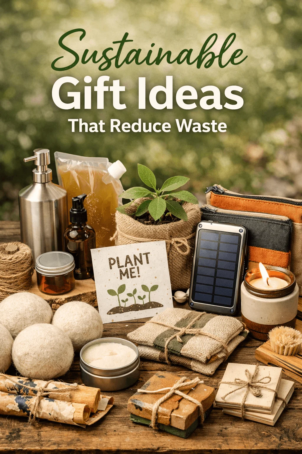 Sustainable gift ideas display featuring reusable containers natural soaps plant seed card solar charger candle and eco friendly packaged items arranged on a wooden table with a soft green background