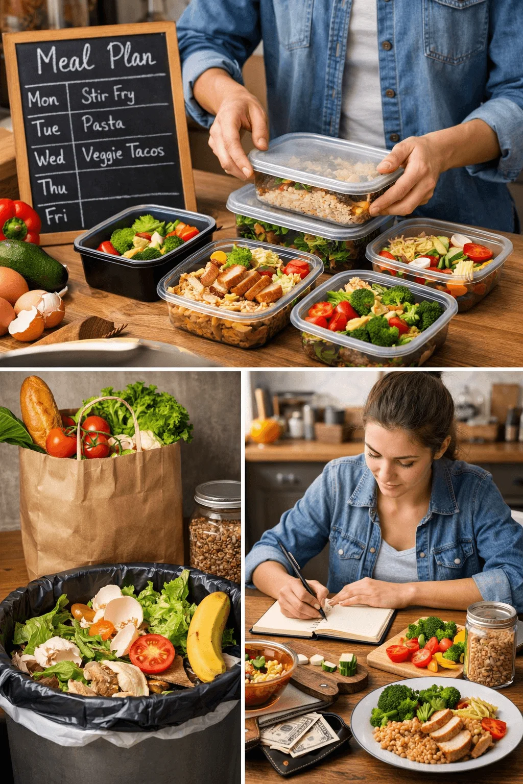 Collage showing a student planning weekly meals on a chalkboard while preparing healthy food containers, composting food scraps, grocery shopping with fresh produce in a paper bag, and writing a meal plan beside a balanced plate of vegetables and grains.
