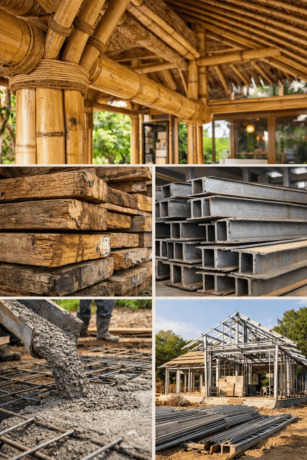 Collage of sustainable natural building materials including bamboo structure, reclaimed wood, steel beams, poured concrete foundation, and eco-friendly house construction frame.
