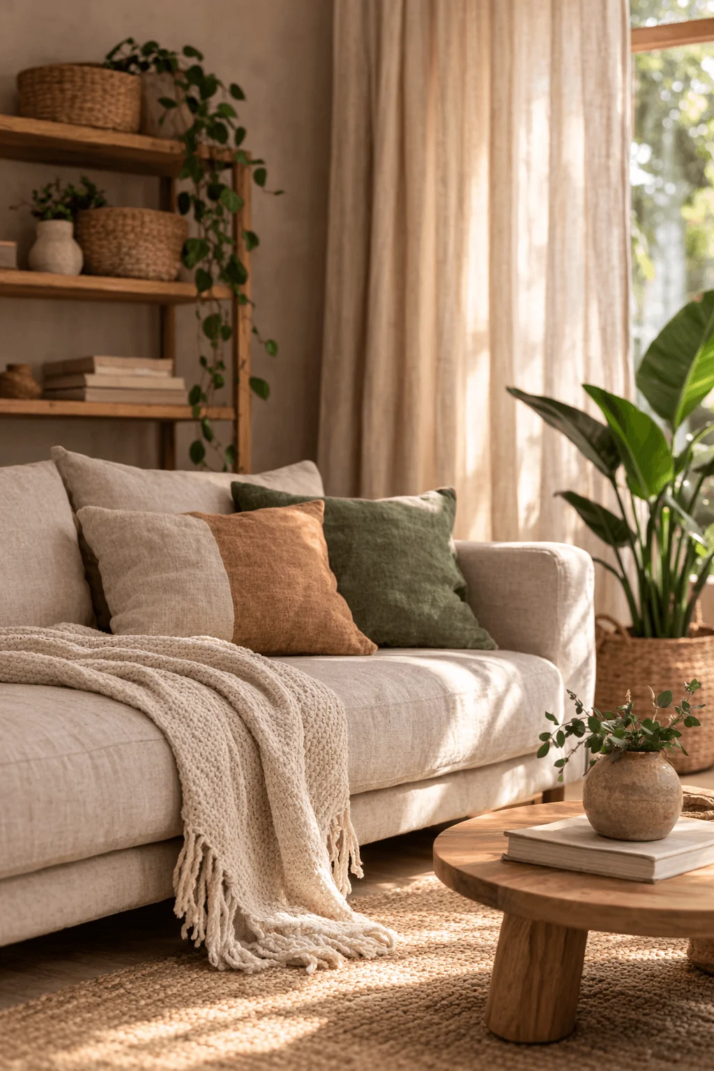 Cozy living room with natural fabric sofa soft linen pillows knitted throw wooden coffee table indoor plants and warm sunlight through sheer curtains creating a calm eco friendly space.