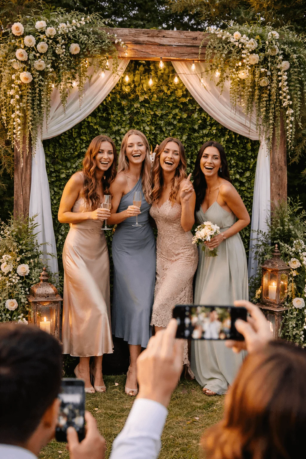 Four women smiling and posing with champagne glasses in front of a rustic wooden arch decorated with greenery white flowers draped fabric and string lights while guests take photos at an outdoor wedding photo booth setup
