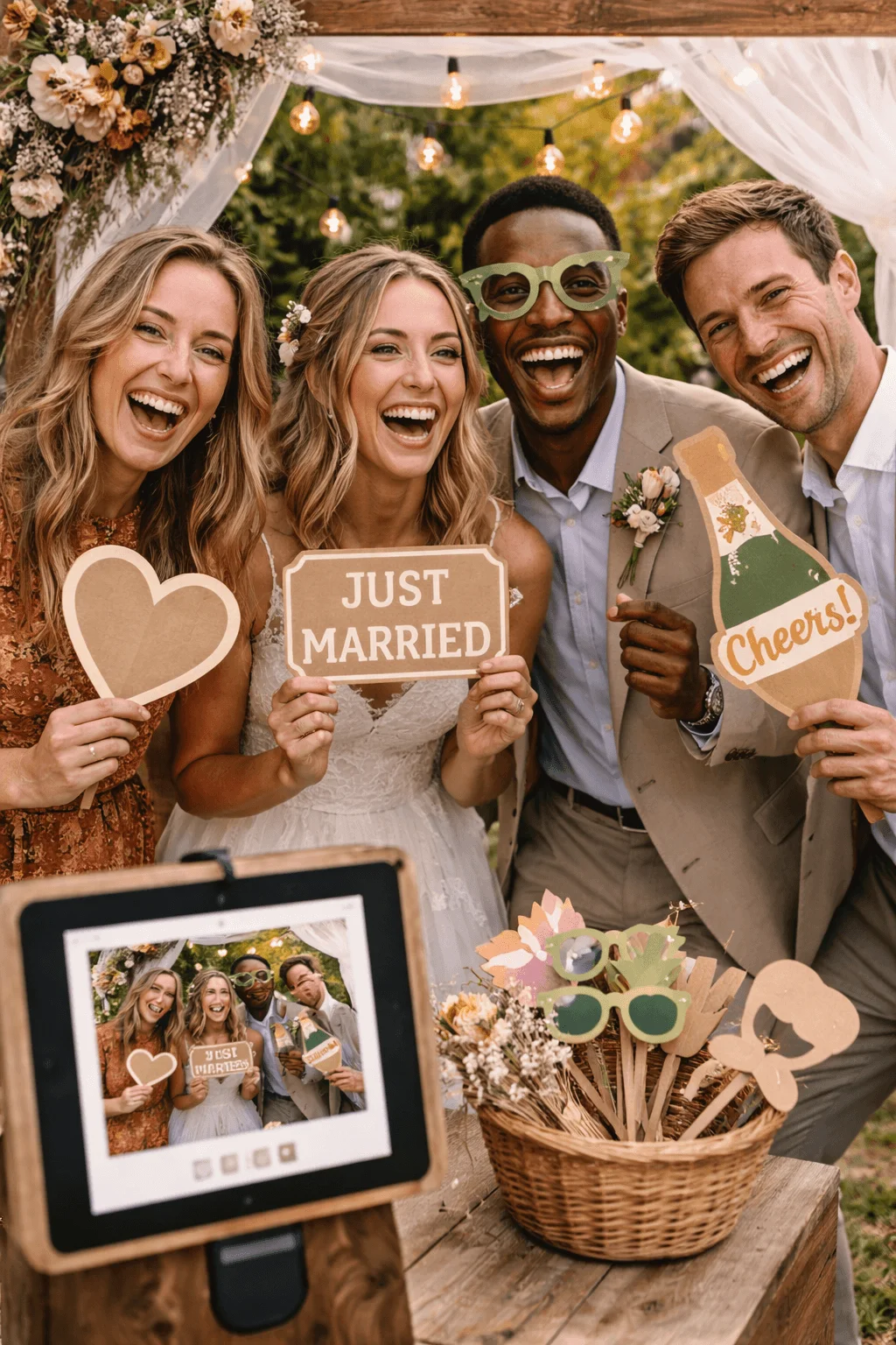 Group of four friends at an outdoor wedding photo booth smiling and laughing while holding reusable cardboard props including a heart a just married sign and a cheers bottle cutout with a tablet camera on a stand capturing their photo and a basket of eco friendly props on a wooden table under string lights and a floral arch backdrop