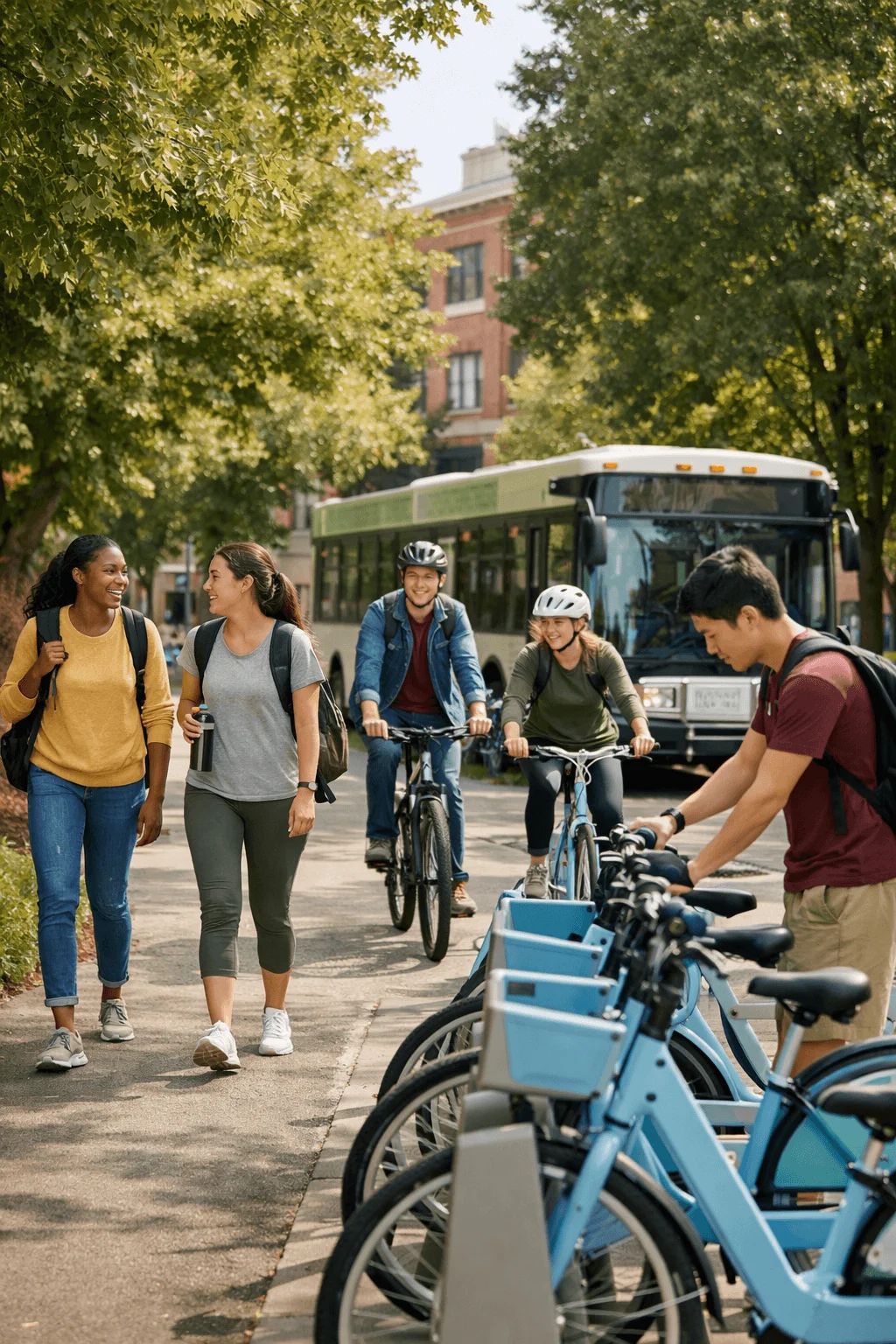 Students walking and cycling along a tree lined campus path near a parked bus and a row of shared bicycles representing sustainable transportation choices.