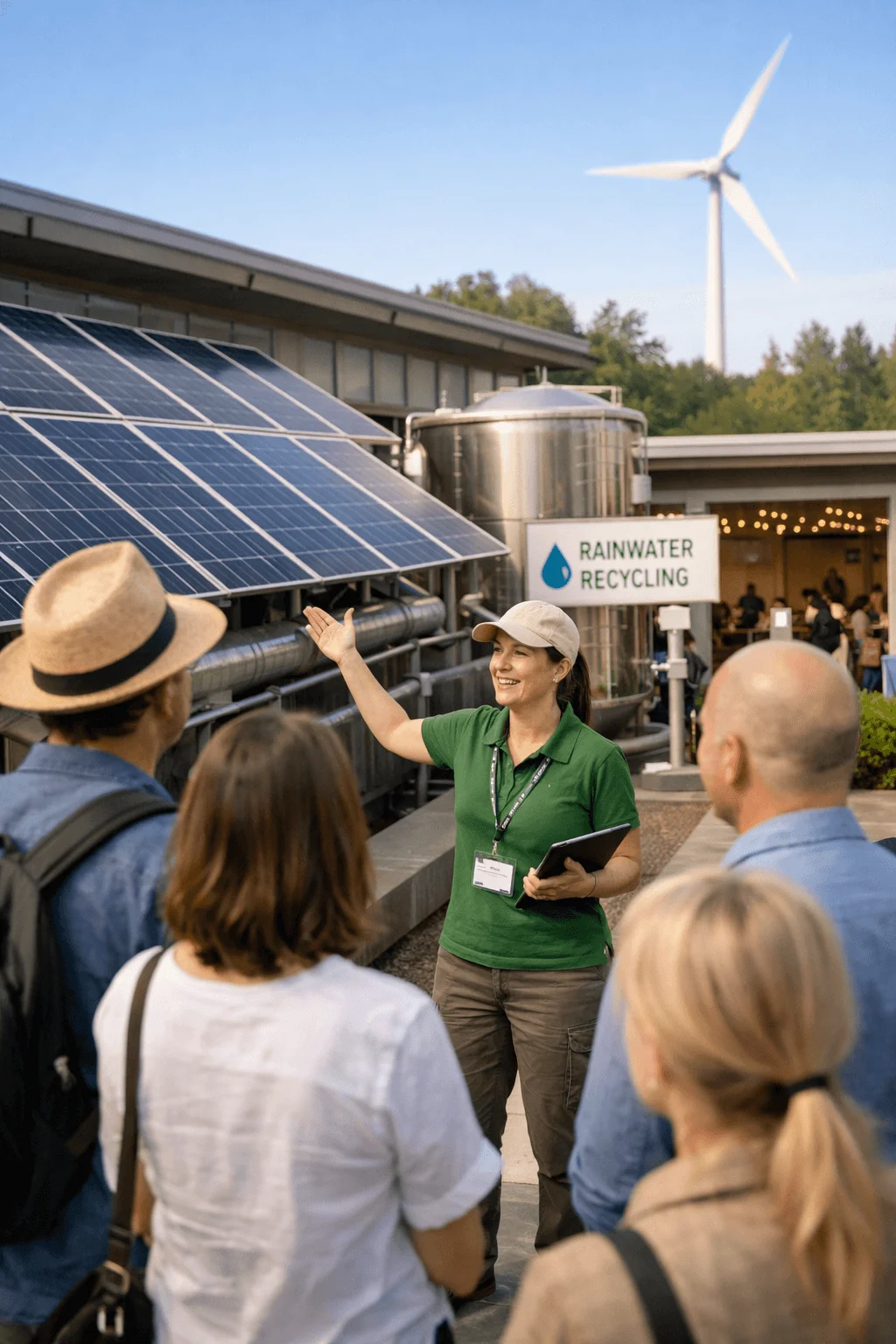 Guide leading a sustainability tour outside a building with solar panels rainwater recycling system and a wind turbine in the background while visitors listen and observe the green infrastructure