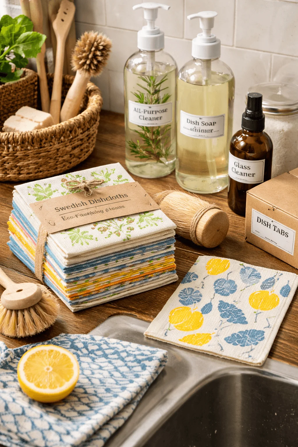 Reusable eco-friendly cleaning set displayed by a kitchen sink featuring colorful Swedish dishcloths natural wooden scrub brushes refillable glass bottles of all purpose cleaner dish soap and glass cleaner along with dish tabs and a lemon emphasizing a sustainable zero waste cleaning routine