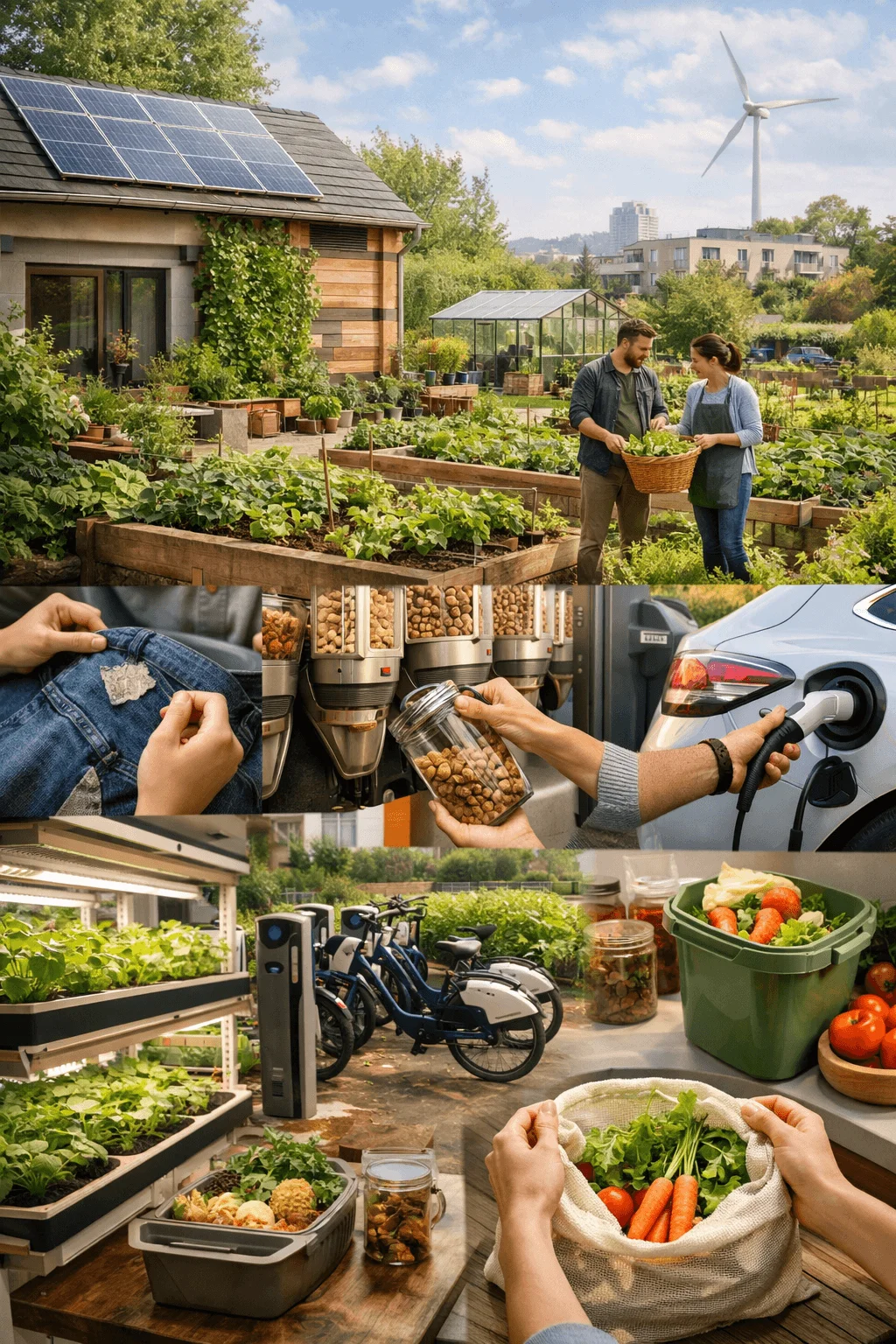 A collage illustrating modern sustainable living, featuring solar-powered homes with gardens, repairing clothing, zero-waste shopping with refill stations, charging an electric car, urban farming, shared electric bikes, composting food scraps, and using reusable produce bags.