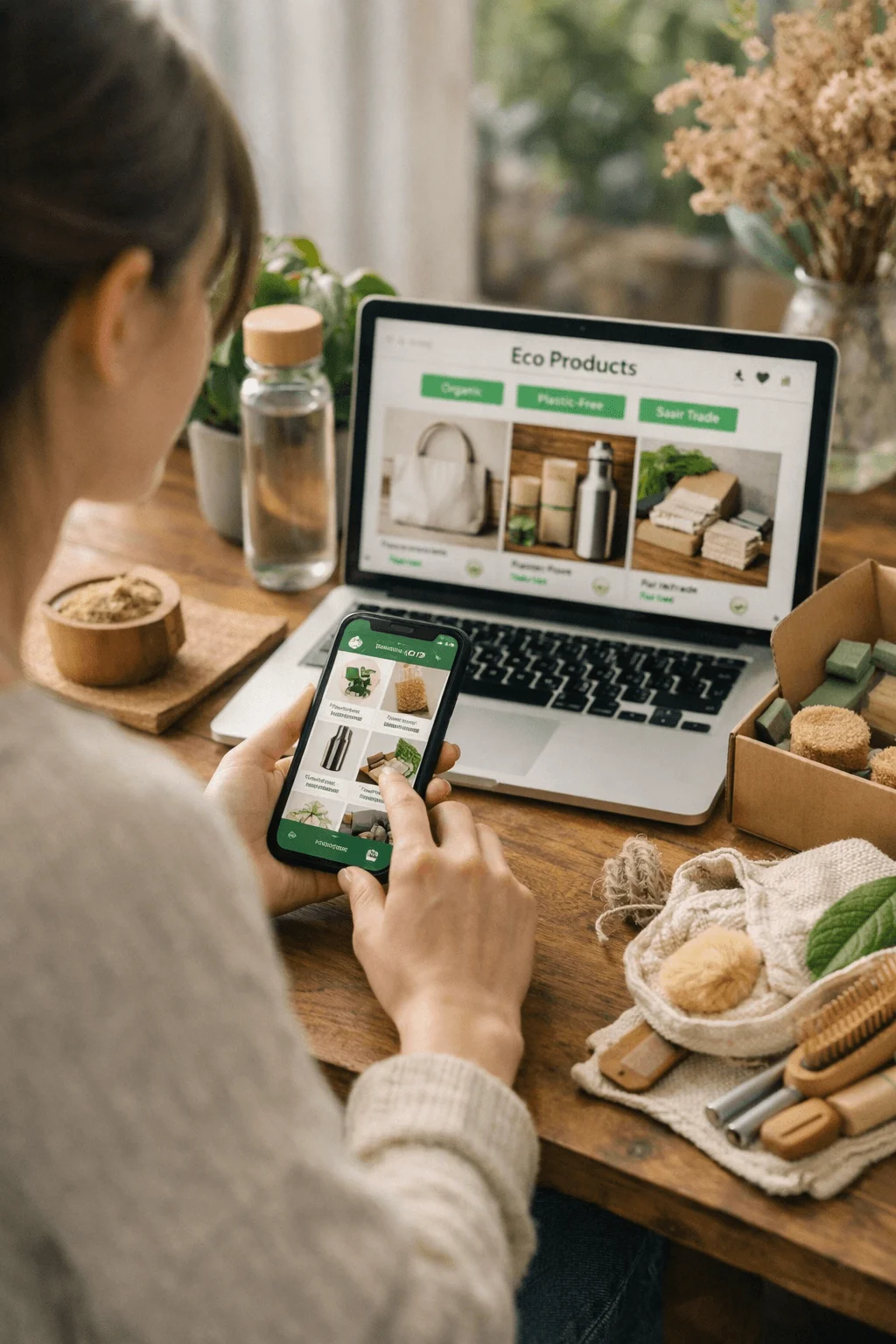 Person browsing eco products on a smartphone while a laptop displays an online shop with organic plastic free and fair trade items surrounded by reusable and natural household products on a wooden table.
