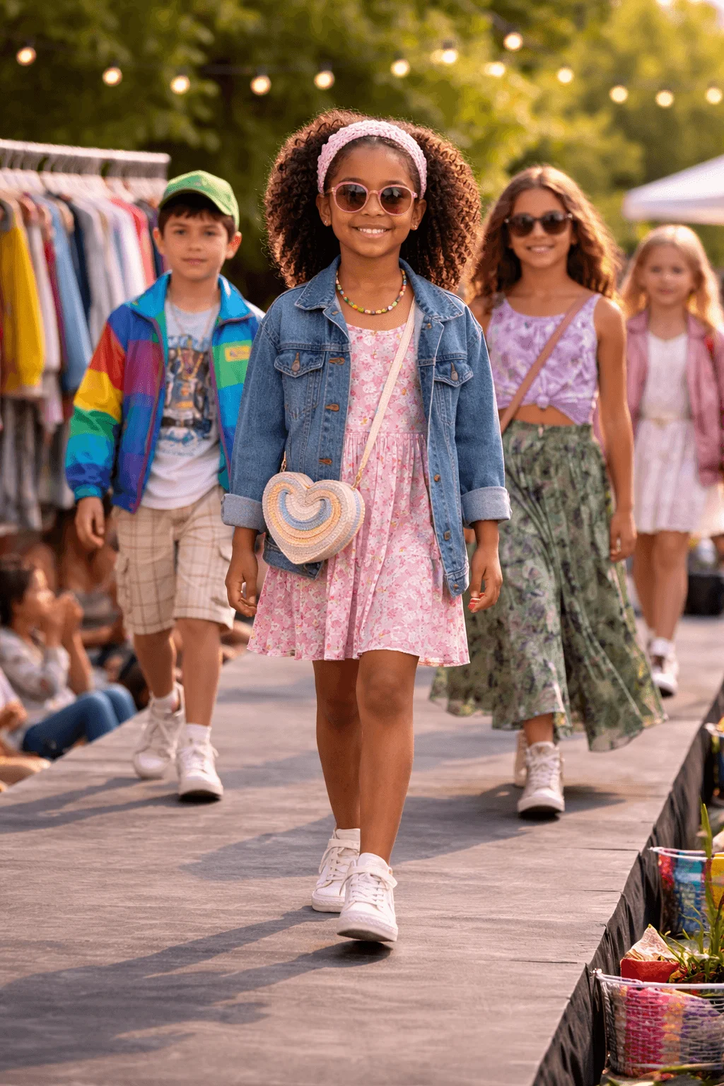 Children walking on an outdoor runway during a thrift store fashion challenge, modeling stylish outfits created from secondhand clothing and accessories, promoting creativity and sustainable fashion.
