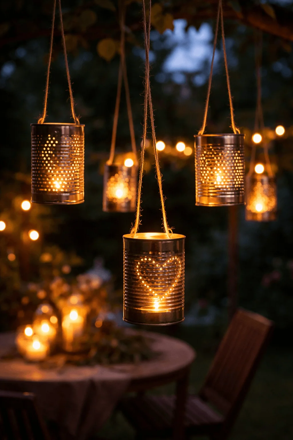 Hanging lanterns made from recycled tin cans with decorative cutouts glowing with candlelight in an outdoor evening setting