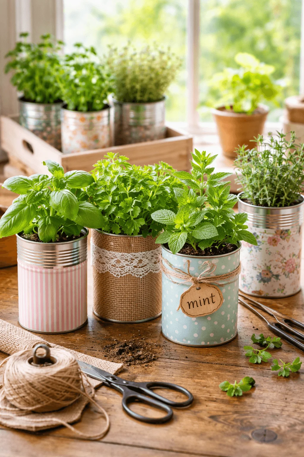 Herb garden made from recycled tin cans decorated with fabric and twine, filled with fresh plants on a wooden table with gardening tools.