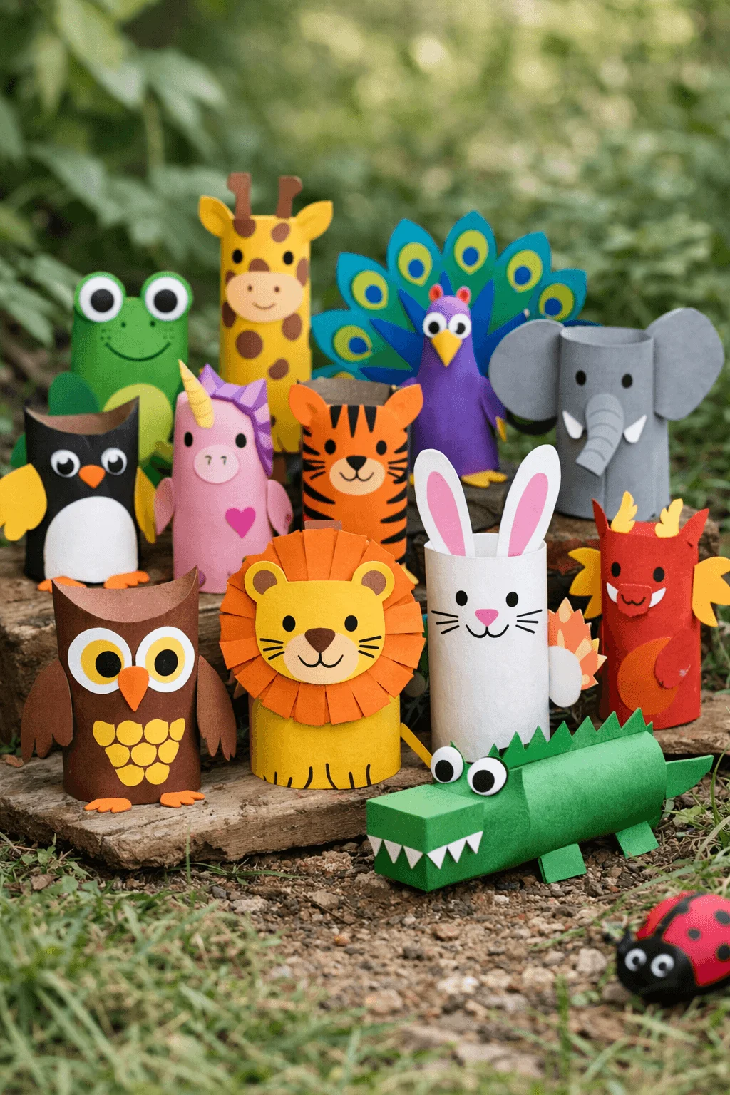 Colorful animal crafts made from recycled toilet paper rolls including a lion owl rabbit crocodile elephant giraffe tiger penguin peacock frog and unicorn arranged outdoors as a playful eco friendly kids craft display.