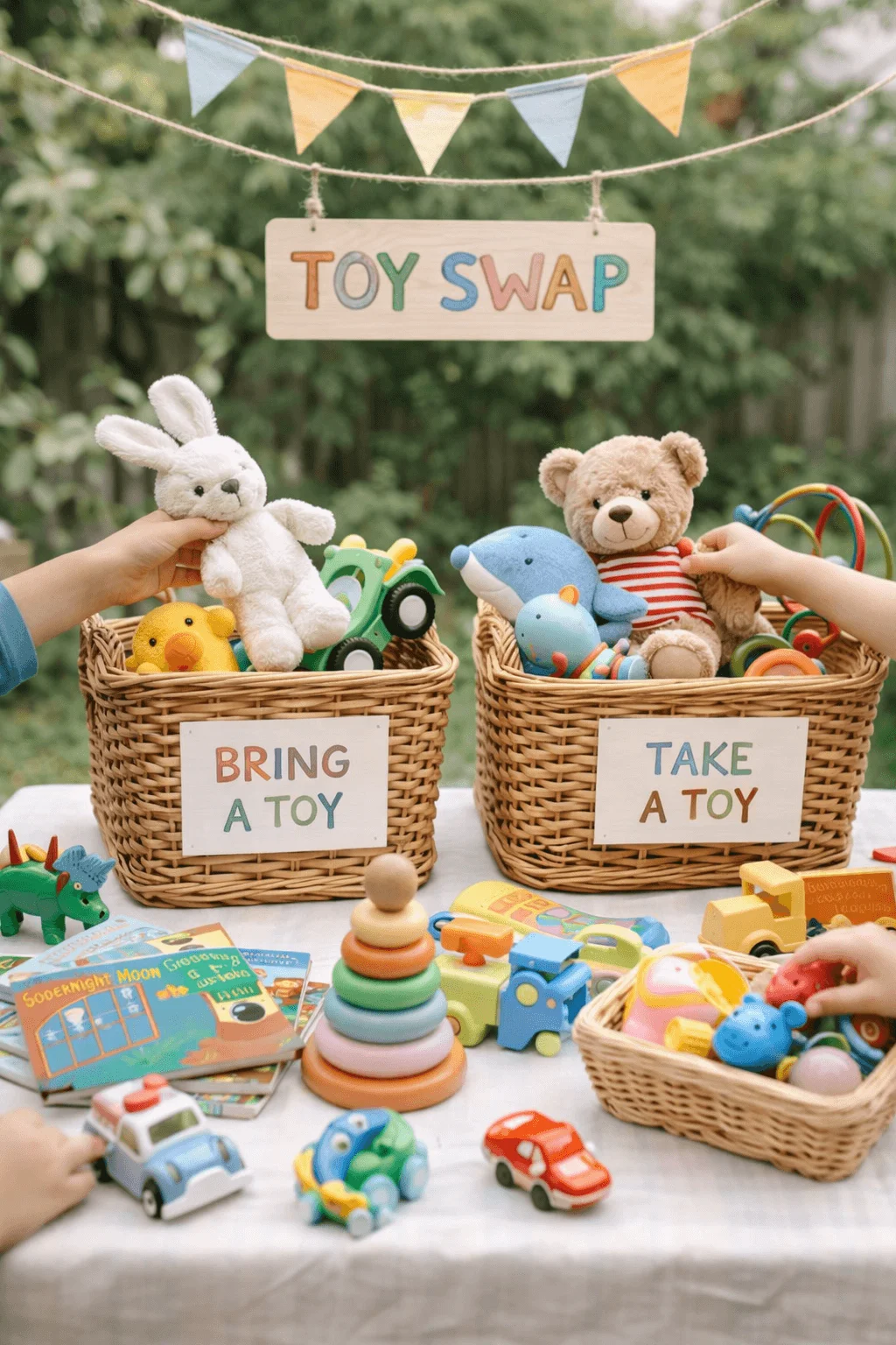 Toy swap favor station set up outdoors with wicker baskets labeled Bring a Toy and Take a Toy under a wooden Toy Swap sign with bunting above as children exchange plush animals toy cars stacking rings books and small colorful toys on a table in a garden setting