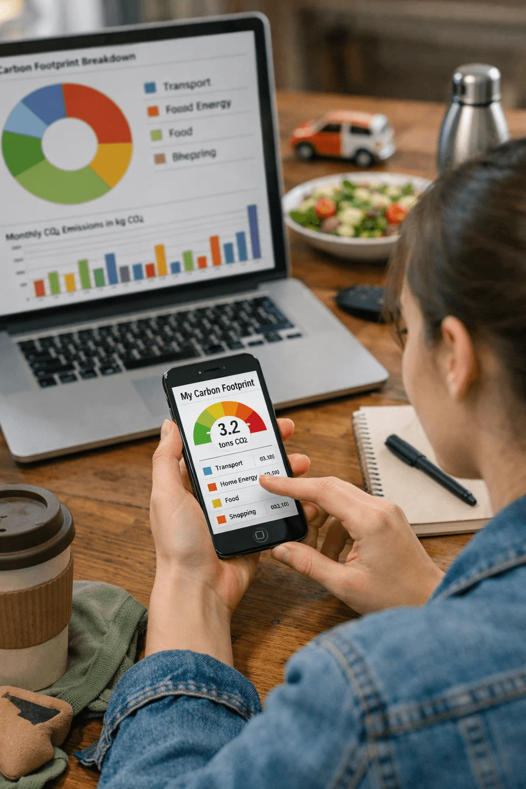 Student using a smartphone showing a personal carbon footprint score while sitting at a desk with a laptop displaying a carbon footprint breakdown chart, next to a notebook, reusable bottle, coffee cup, and a bowl of salad.