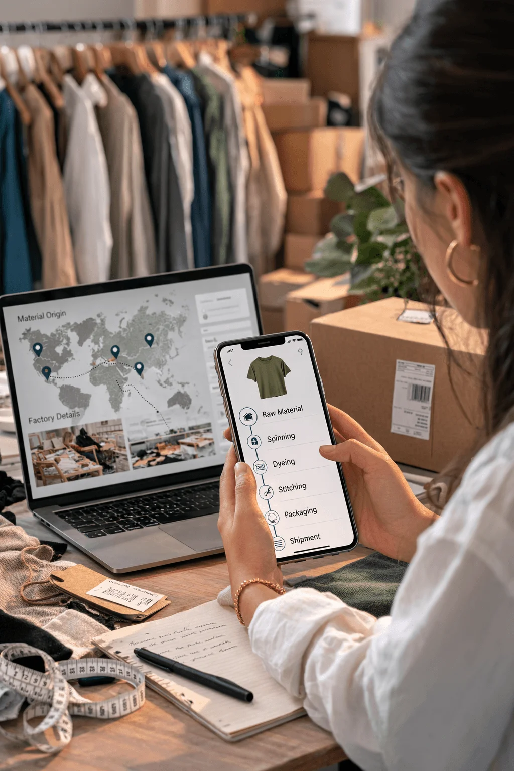 Fashion professional using a smartphone and laptop to track a clothing supply chain, showing stages from raw material and spinning to dyeing, stitching, packaging, and shipment, highlighting transparency in fashion production.