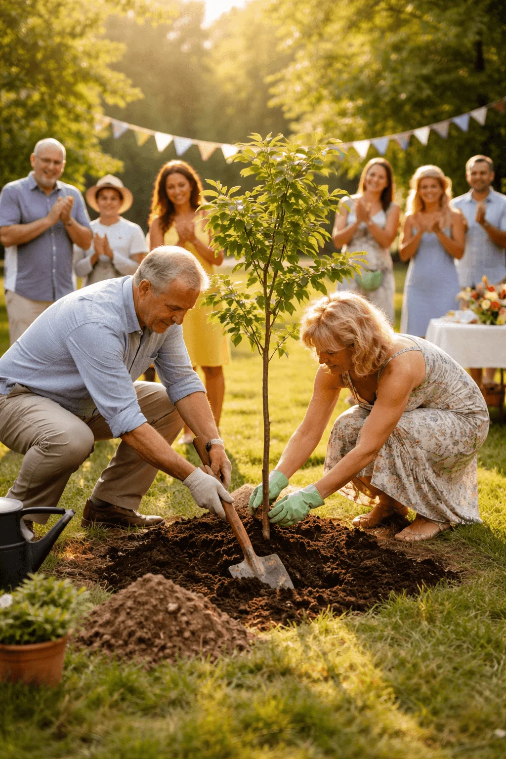 Couple planting a young tree together in a sunny garden ceremony while friends and family stand behind them applauding with bunting decorations and a table set for celebration in the background
