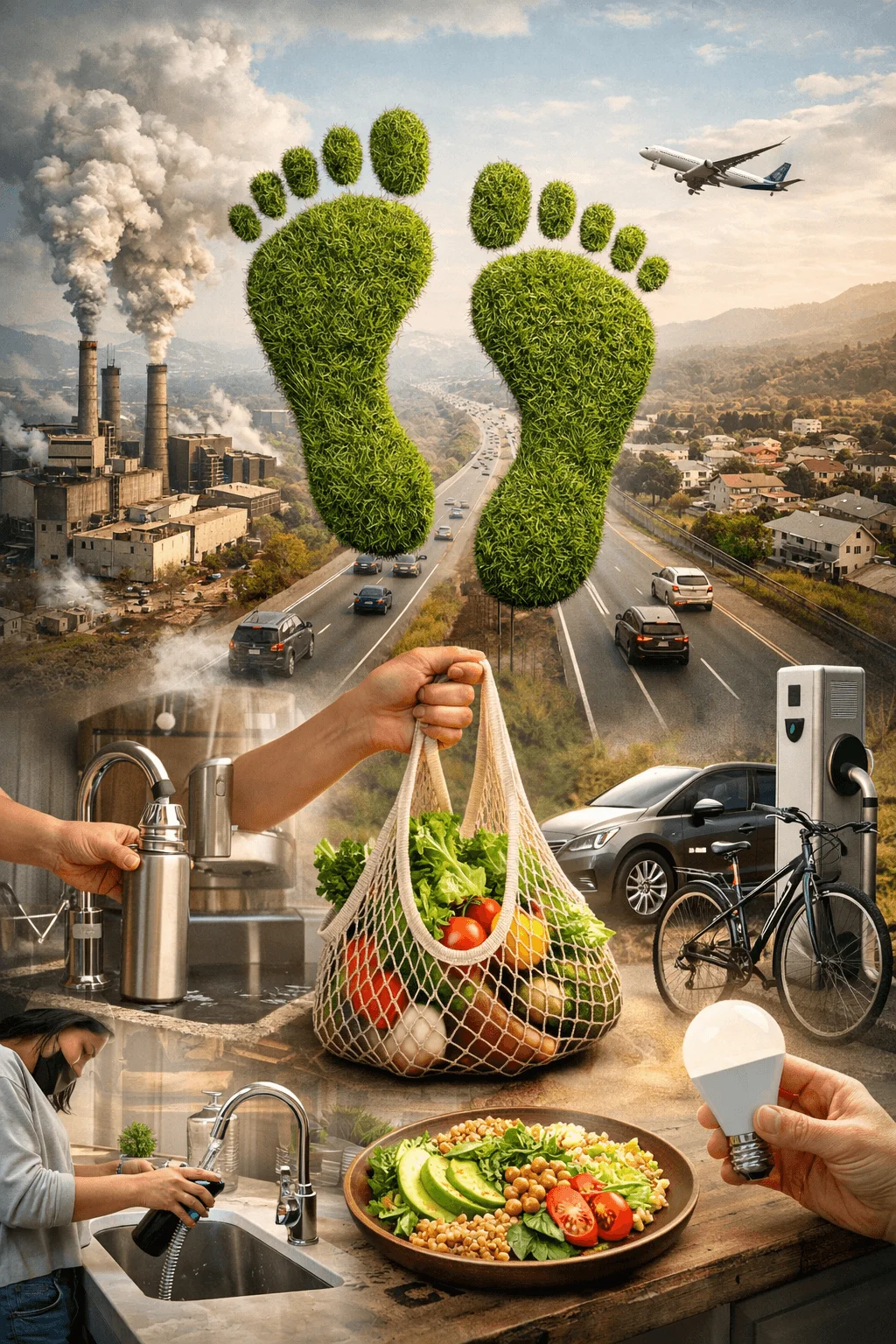 A visual illustration of environmental footprints shaped from grass above scenes of pollution, traffic, and an airplane, alongside everyday actions like using reusable bags, conserving water, eating plant-based food, biking, charging an electric car, and switching to energy-efficient lighting, representing understanding and reducing one’s environmental footprint.