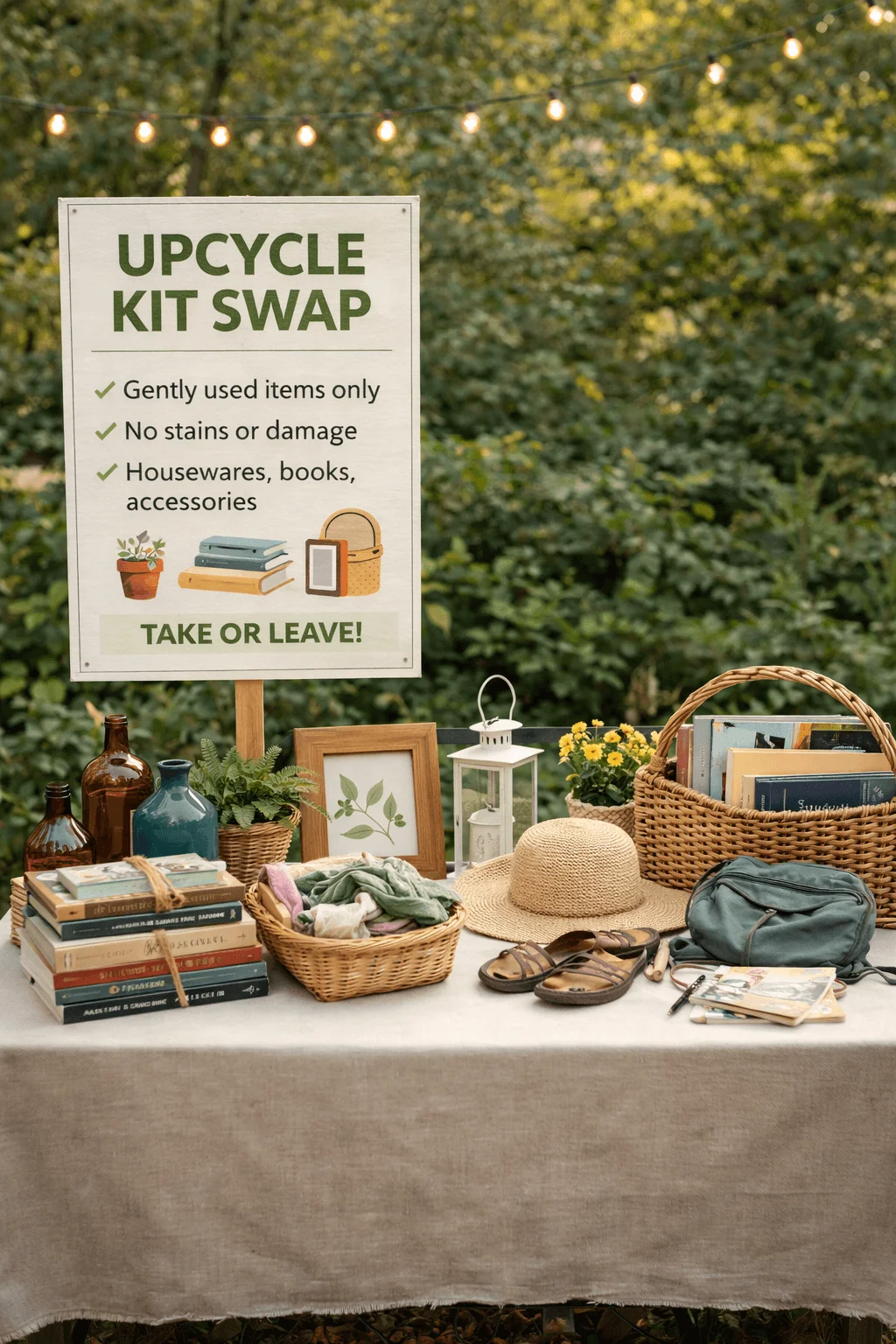 Outdoor swap table set up in a garden with string lights overhead and a large sign reading “Upcycle Kit Swap” with guidelines for gently used items only. The table displays neatly arranged housewares and accessories including stacked books, glass bottles, framed art, potted plants, a lantern, woven baskets, a straw hat, sandals, a small bag, and folded clothing, inviting guests to take or leave items.