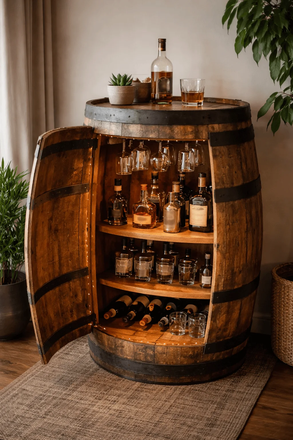 Upcycled wooden barrel transformed into a rustic bar cabinet with shelves for bottles, glasses, and wine storage.