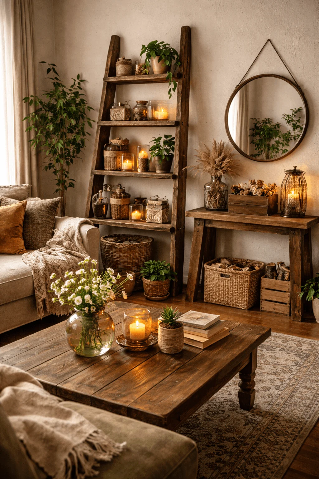Cozy living room with upcycled decor wooden ladder shelf handmade baskets candles indoor plants rustic coffee table and warm natural textures creating an eco friendly space.