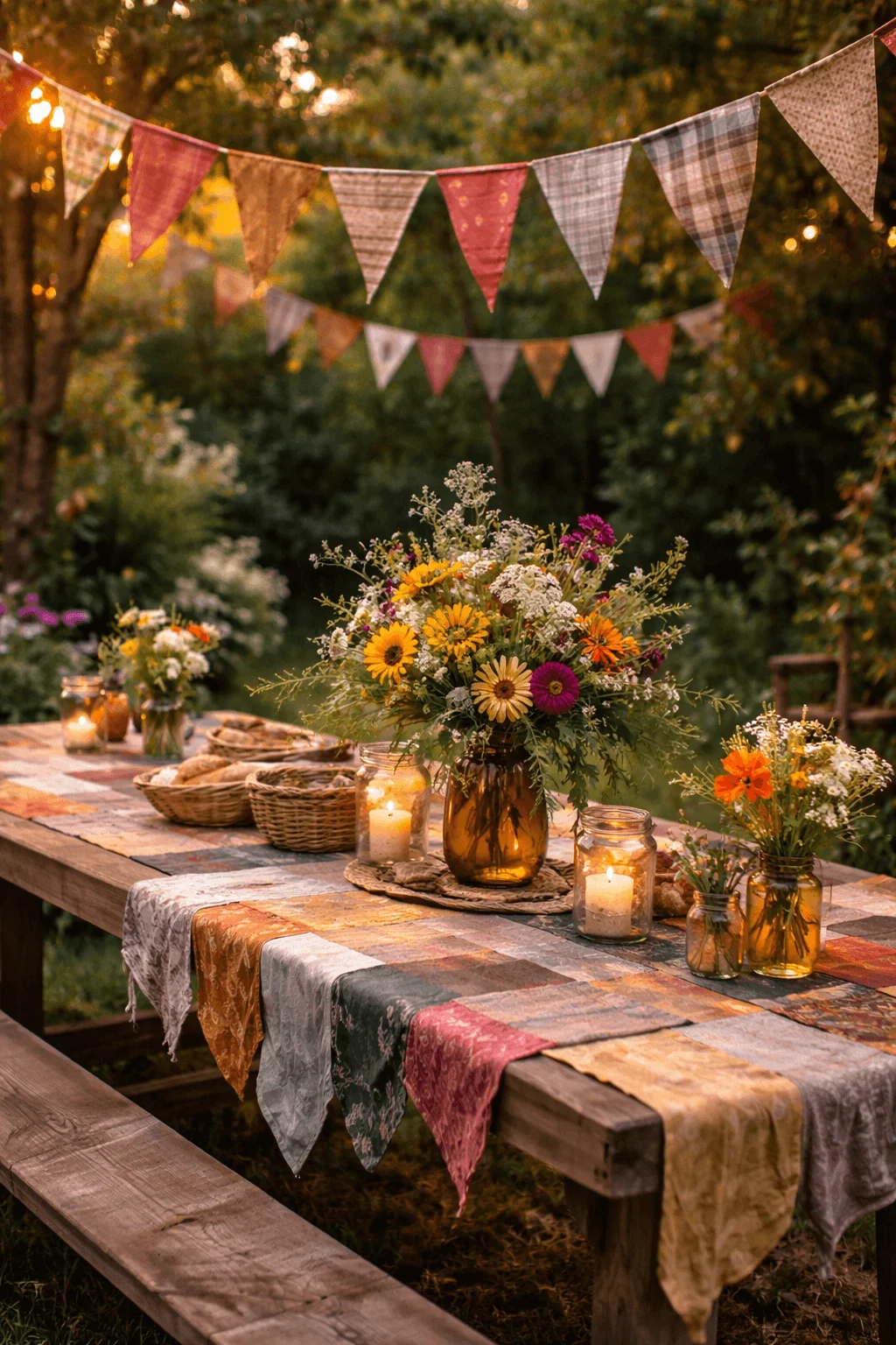 Outdoor rustic table setting decorated with upcycled fabric bunting banners strung overhead and a patchwork table runner made from mixed vintage textiles featuring mason jars with candles and wildflower arrangements in amber glass vases on a wooden picnic table in a lush garden at sunset