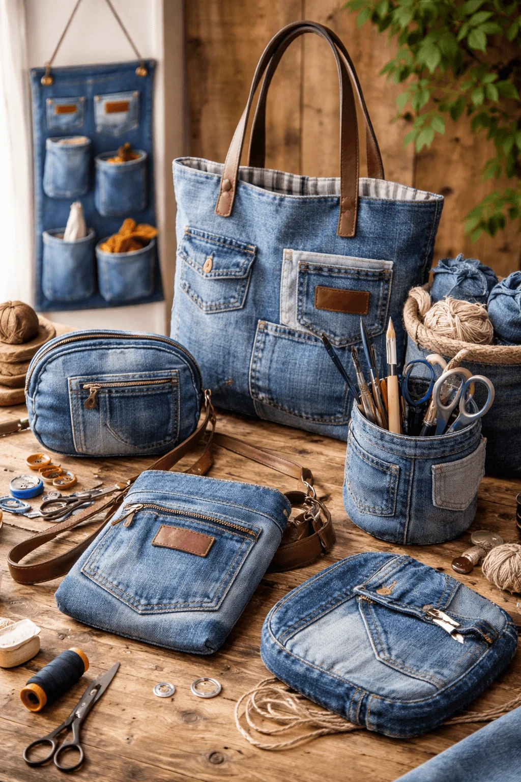 Upcycled denim crafts including a tote bag, pouches, and organizers made from old jeans displayed on a wooden table with sewing tools.
