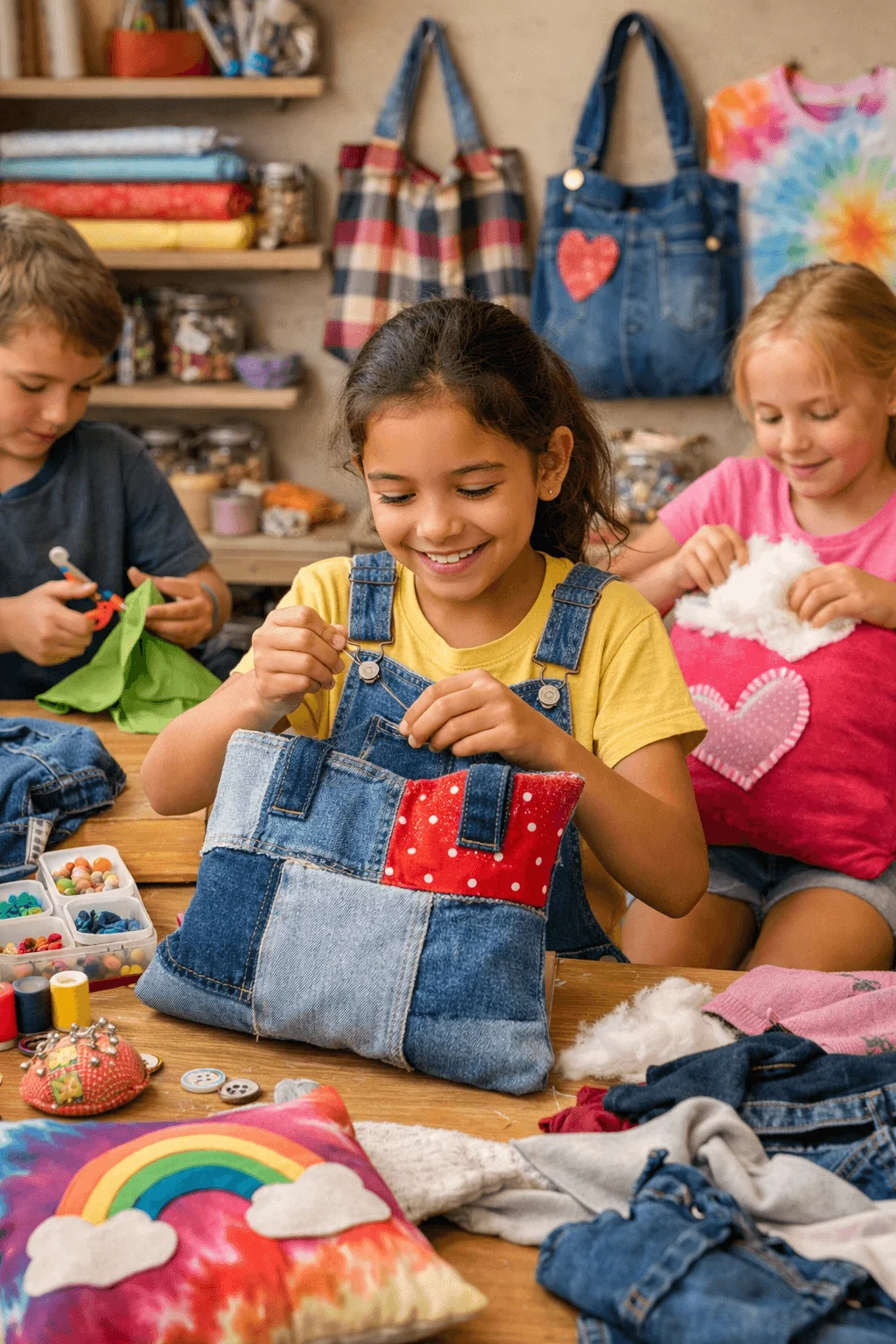 Children working on upcycled fashion projects at a craft table indoors. A girl in denim overalls sews a small patchwork bag made from recycled jeans while two other children stuff and decorate colorful handmade pillows. Fabric scraps, thread spools, buttons, and sewing tools are spread across the table, with finished upcycled bags hanging on the wall behind them.