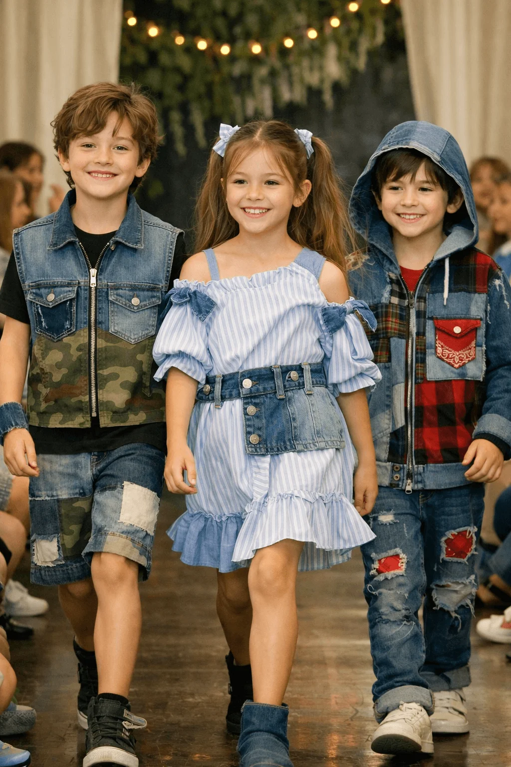 Three children walking on a fashion runway wearing stylish outfits made from upcycled old clothes including patched denim jackets repurposed fabric dresses and mixed pattern garments while an audience watches in the background.