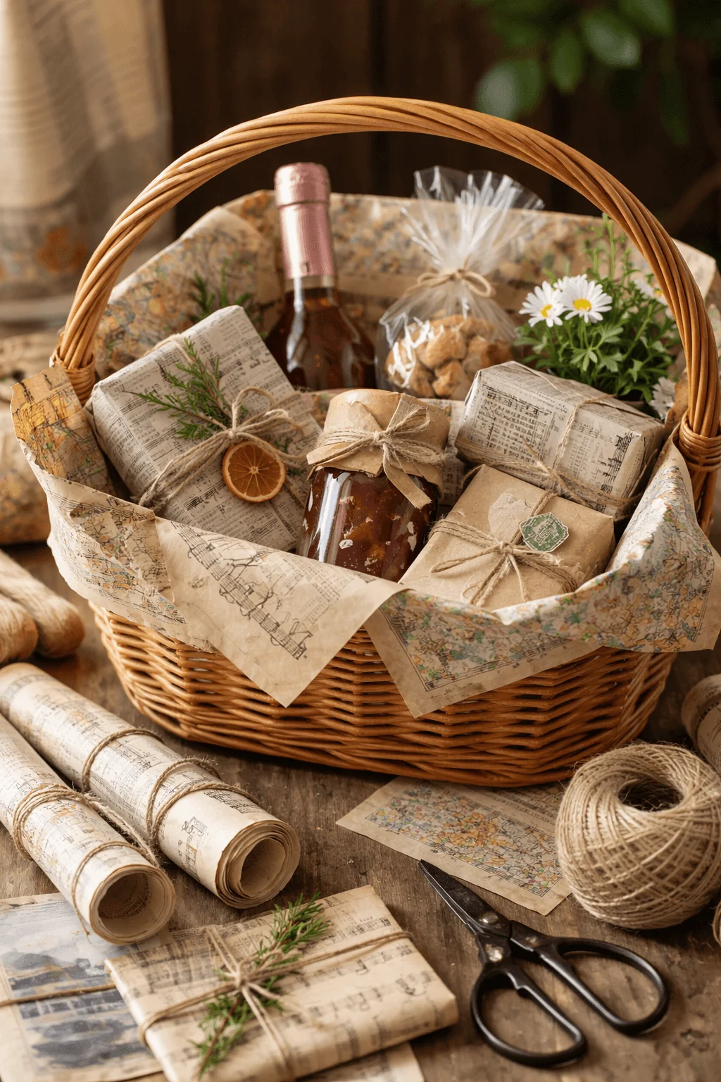 Eco friendly gift basket wrapped with upcycled vintage paper packages tied with twine featuring jam jar wine bottle and handmade treats arranged in a wicker basket on a rustic wooden table